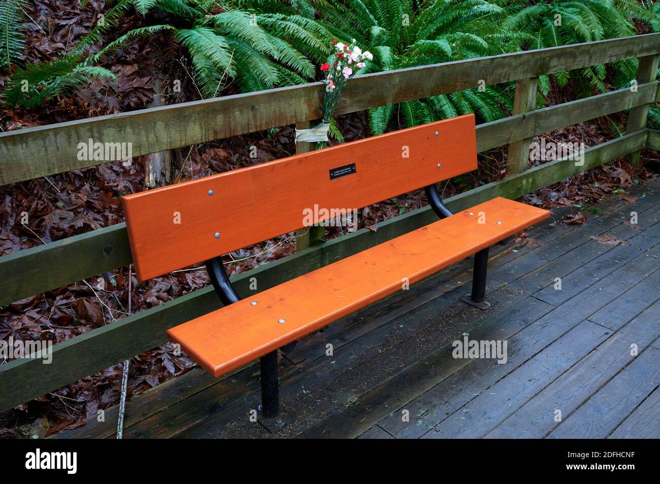 Memorial bench and flowers, Comox, Vancouver Island,  British Columbia, Canada Stock Photo
