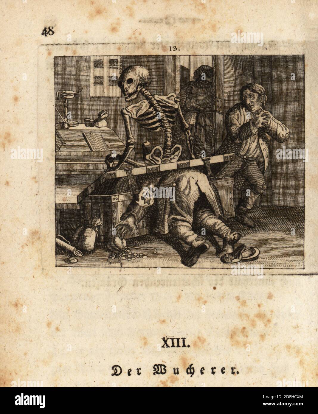 The skeleton of Death, Freund Hans, crushing a userer in his money chest, 18th century. The miser drops bags of gold coins on the floor, while his servants watch in horror. The loan shark or usurer. Der Wucherer. Copperplate engraving by Johan Georg Mansfeld after an original by Johann Rudolf Schellenberg from Johan Kark Musaus’s Freund Heins Erscheinungen in Holbeins Manier, (Apparitions of Death in the manner of Holbein) Mannheim, 1803. Stock Photo