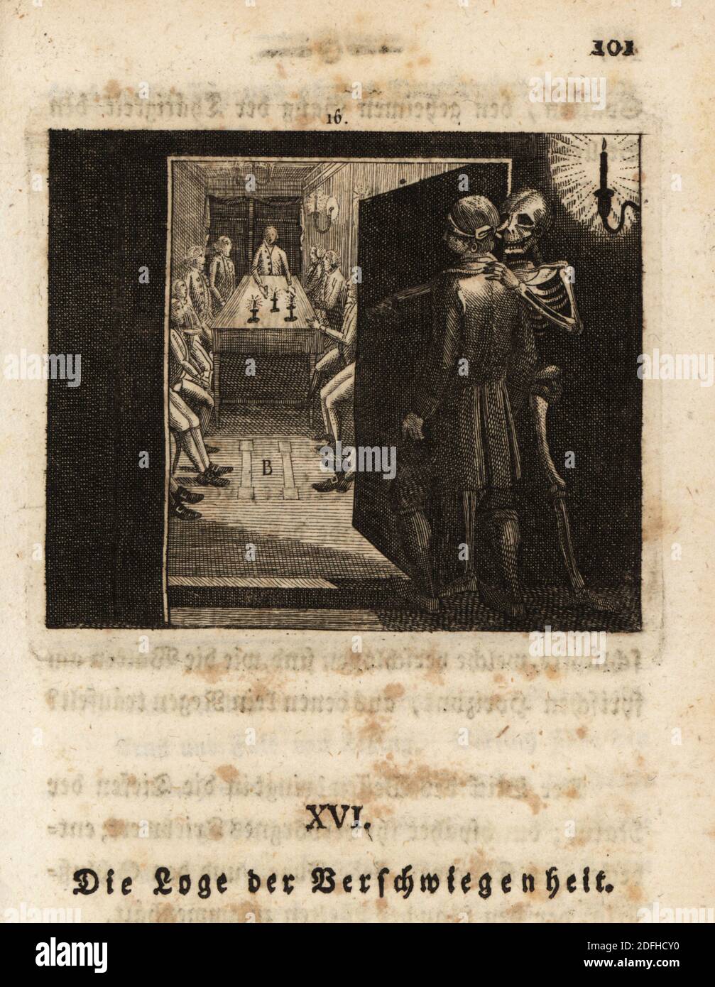 The skeleton of Death, Freund Hans, guides an initiate to a ceremony at a Masonic Lodge, 18th century. The initiate is blindfolded and enters a room with many men sitting around a table with candles. The Masonic lodge. Die Loge der Verschwiegenheit. Copperplate engraving by Johan Georg Mansfeld after an original by Johann Rudolf Schellenberg from Johan Kark Musaus’s Freund Heins Erscheinungen in Holbeins Manier, (Apparitions of Death in the manner of Holbein) Mannheim, 1803. Stock Photo