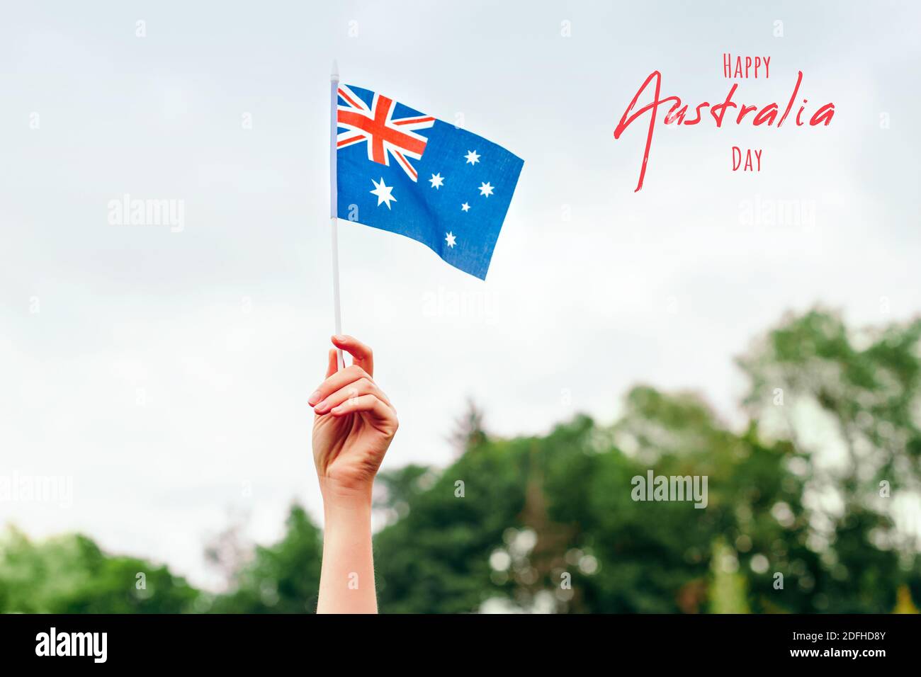 Happy Australia Day card with greeting text. Closeup of woman human