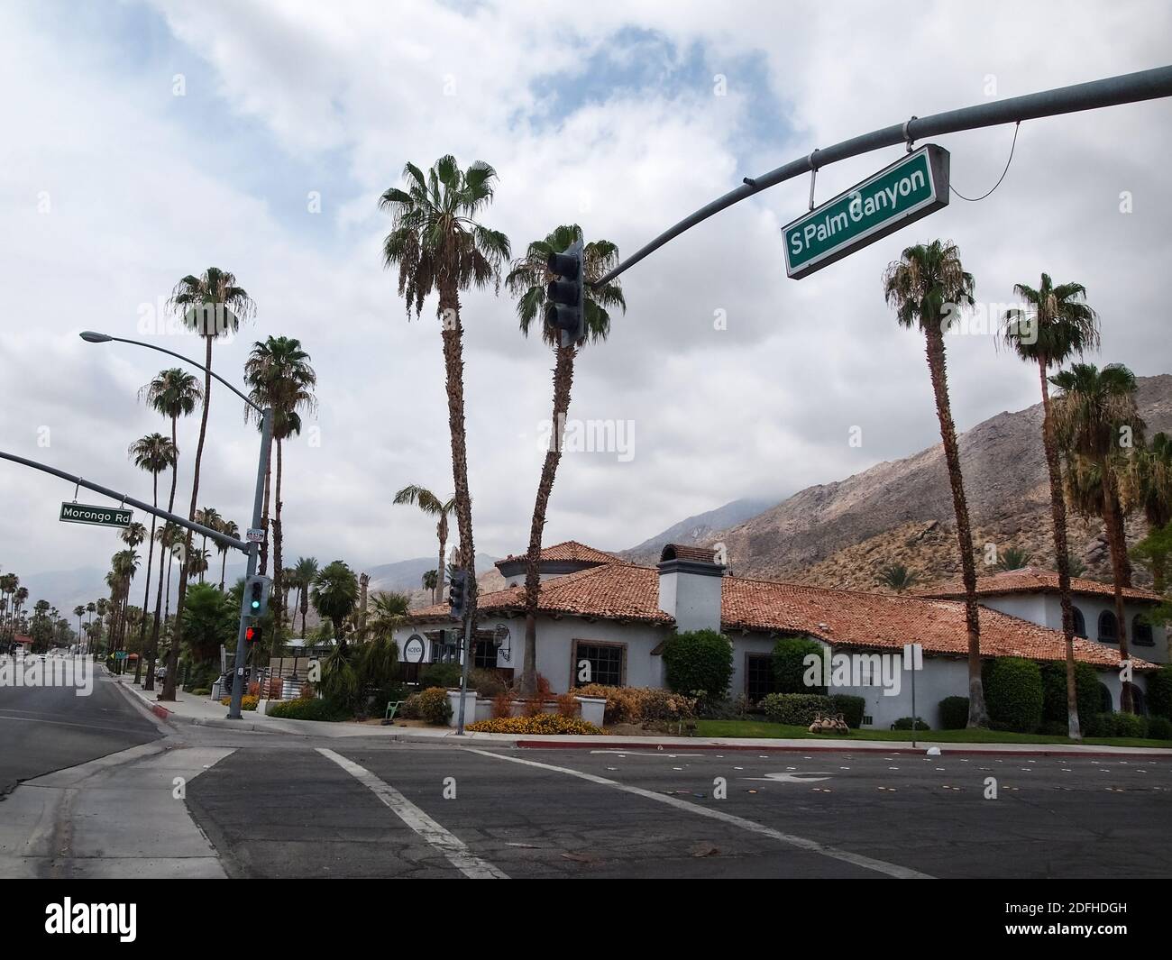 PALM SPRINGS, CALIFORNIA - JULY 17, 2018: The building which once housed the short lived Hacienda Cantina and Beach Club, at the corner of South Palm Stock Photo