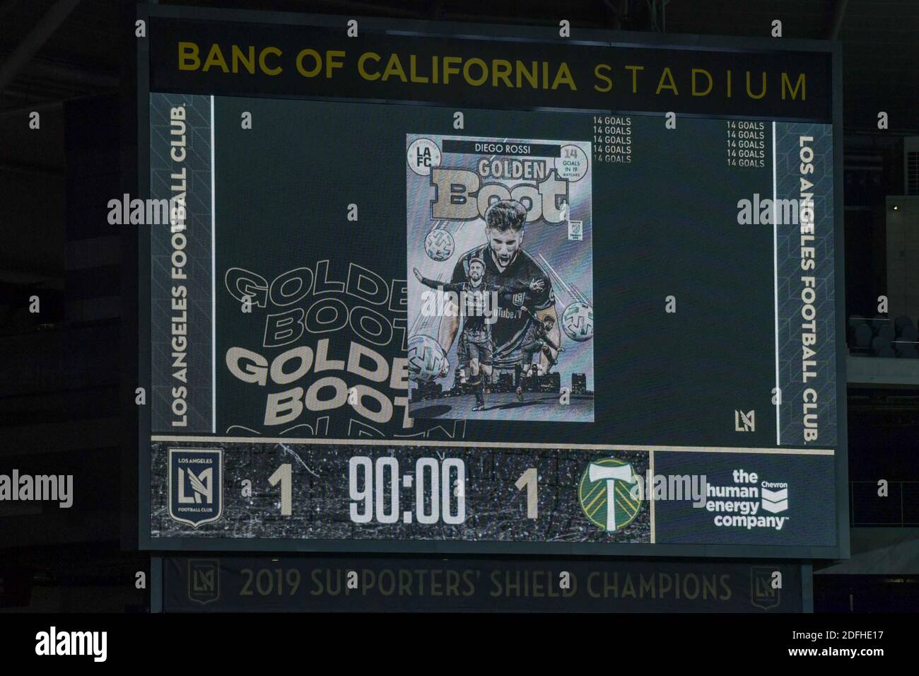 An screen congratulates Diego Rossi on achieving the MLS Golden Boot award after an MLS soccer game against the Portland Timbers, Sunday, Nov. 08, 202 Stock Photo