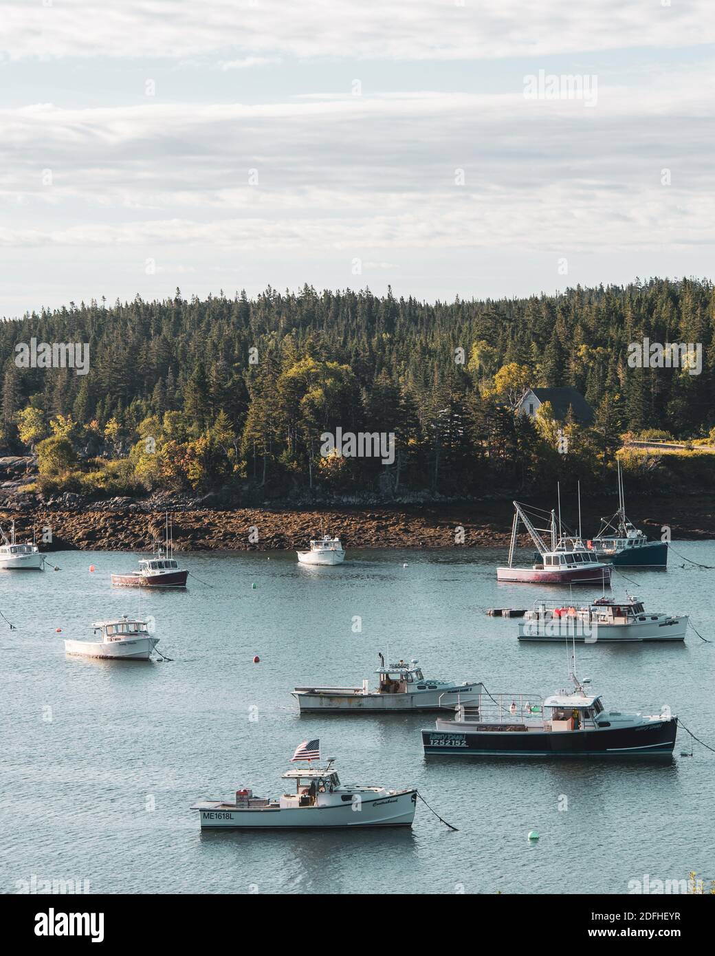 Boats in the Little River, in the harbor of Cutler, Maine Stock Photo