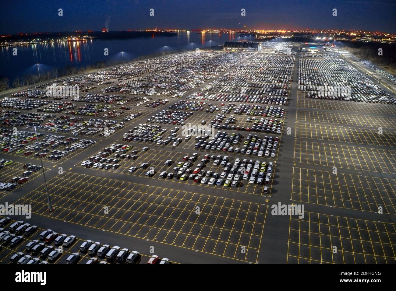 Aerial View Of New Cars Being Stored at Port of Philadelphia Delaware