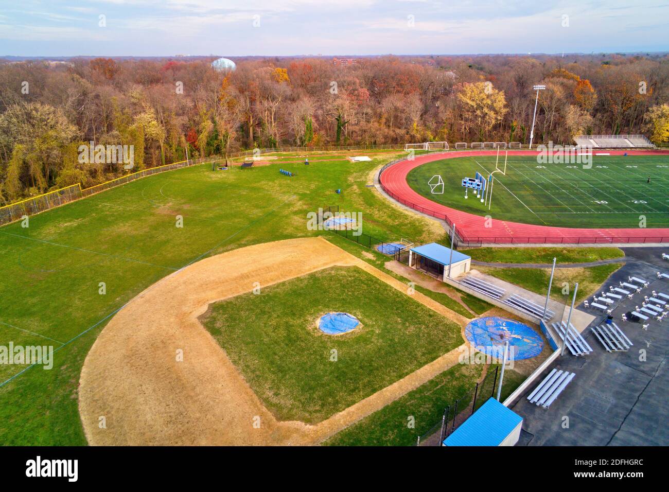 Aerial View of Baseball Field Diamond and Football Field Stock Photo