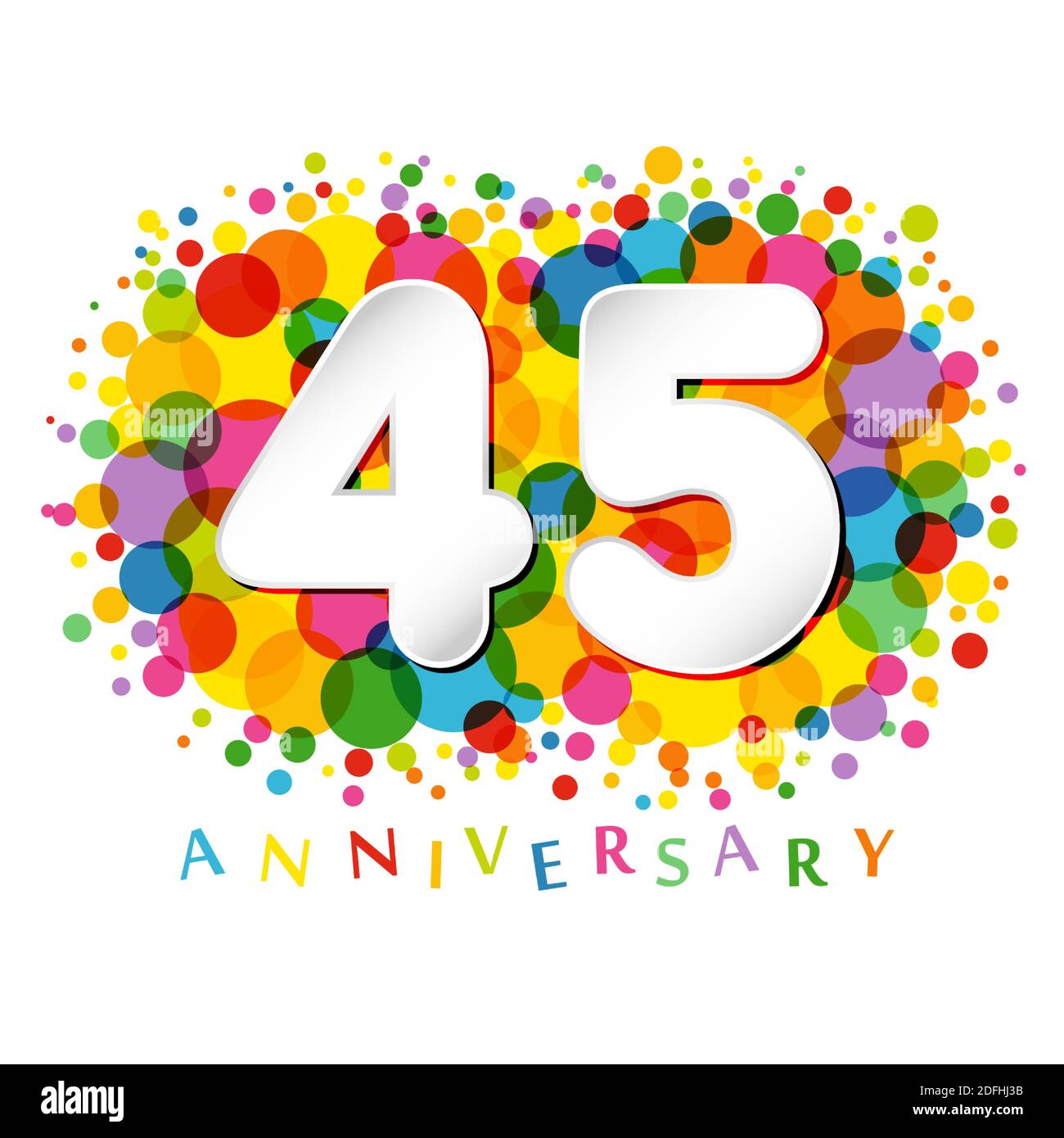 45 th anniversary numbers. 45 years old coloured congrats. Cute congratulation concept. Isolated abstract graphic design template. White digits Stock Vector