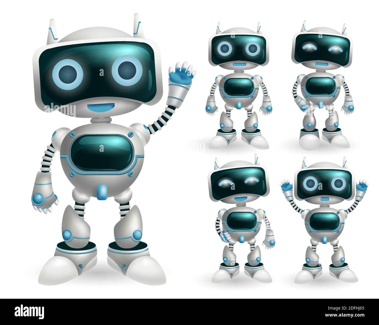 Robot vector character set. Robotic characters in standing pose and gestures in modern design for toy robots game cartoon collection. Stock Vector