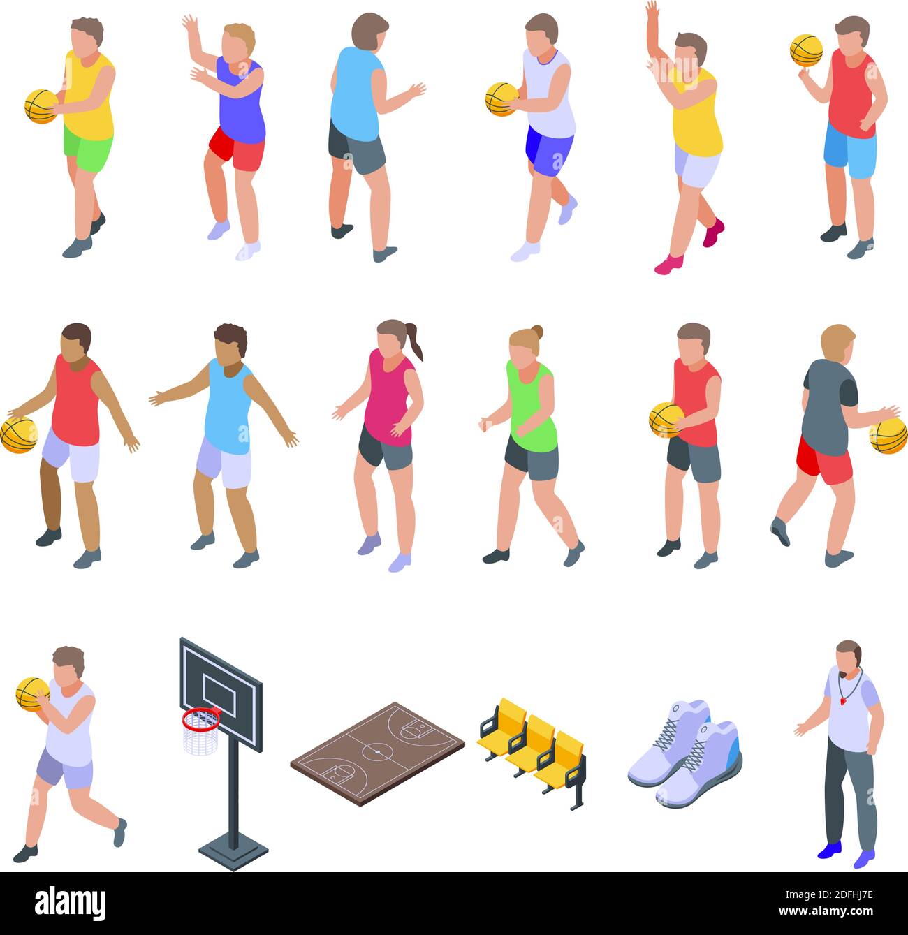 Kids playing basketball icons set. Isometric set of kids playing basketball vector icons for web design isolated on white background Stock Vector