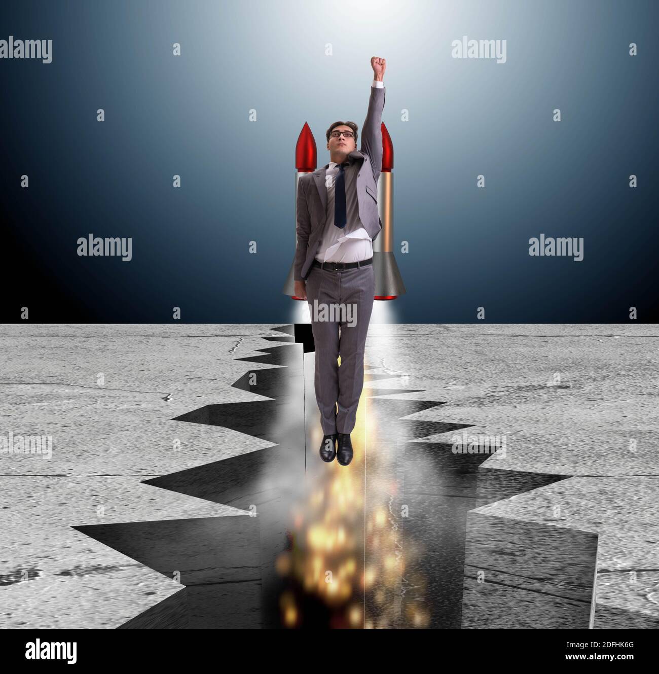 Rocket Avoiding Rocks The businessman flying on rocket from rock gap Stock Photo - Alamy