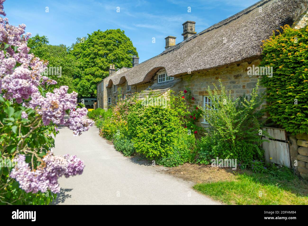 View of thatched cottages in Baslow, Derbyshire Dales, Derbyshire, England, United Kingdom, Europe Stock Photo