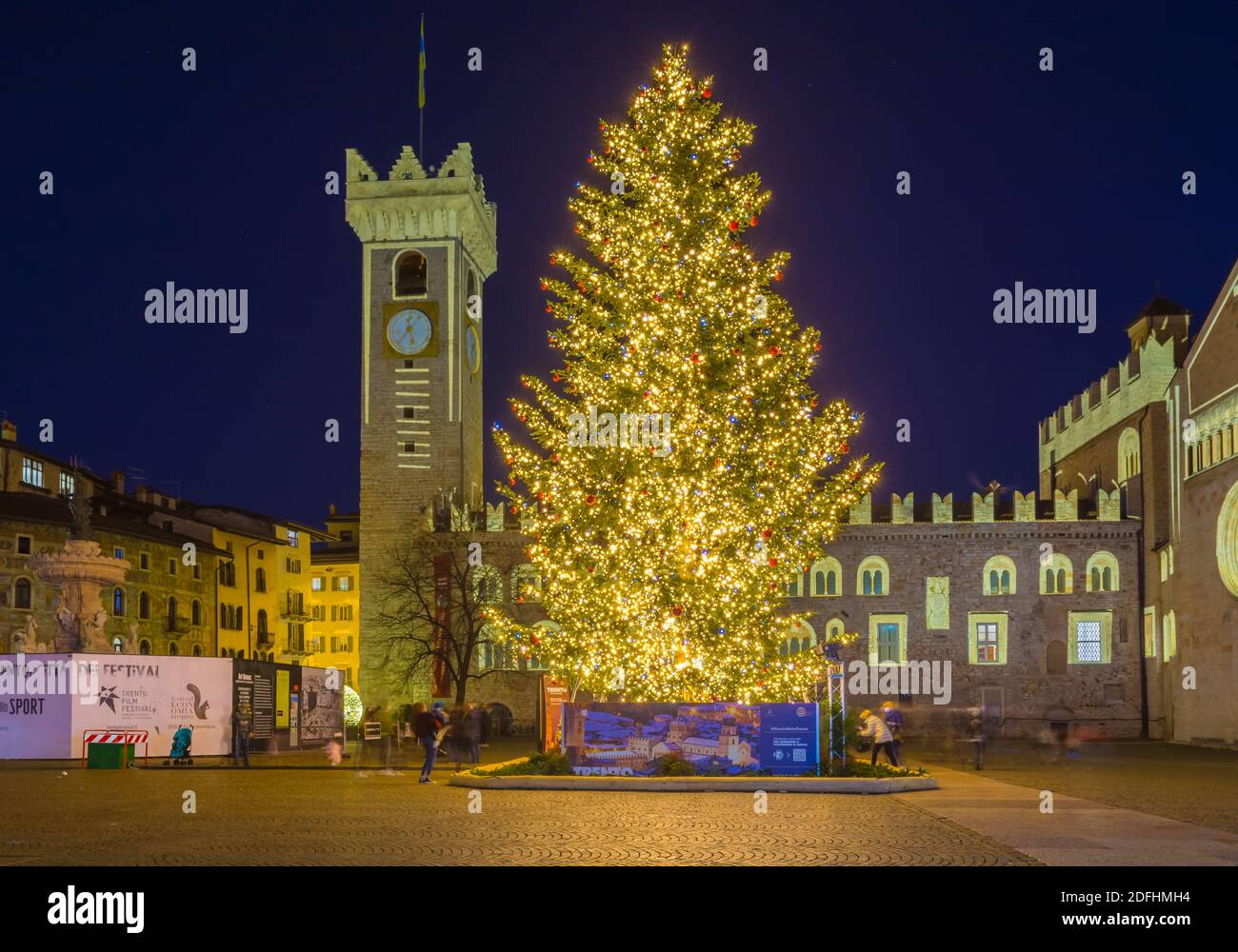 Christmas in Trento with the Christmas lights and decoration. Cathedral of San Vigilio in main square of old town. Trento, Trentino Alto Adige,Italy Stock Photo