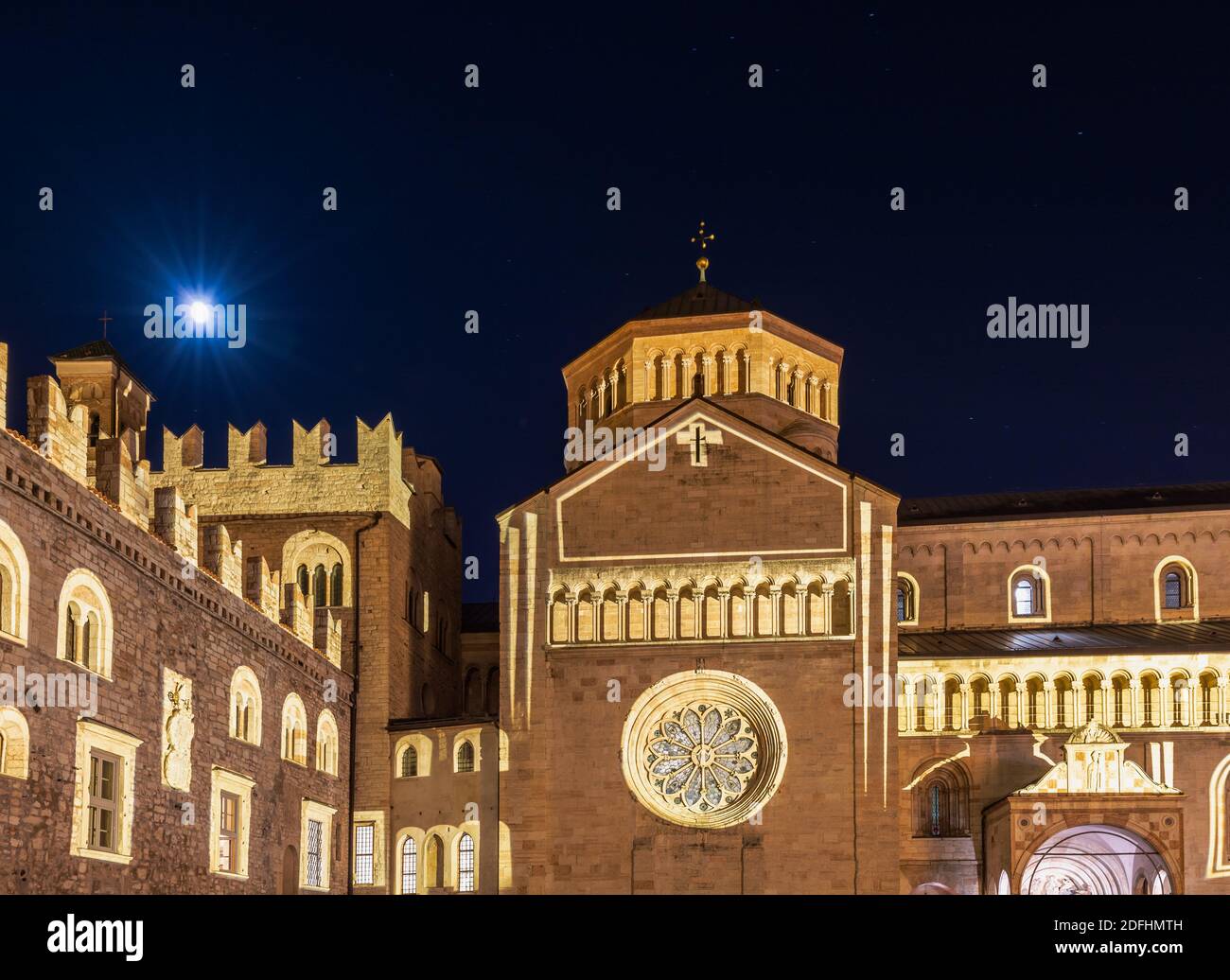 Christmas in Trento with the Christmas lights and decoration. Cathedral of San Vigilio in main square of old town. Trento, Trentino Alto Adige,Italy Stock Photo