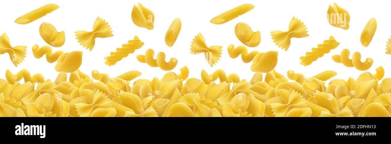 Falling italian pasta isolated on white background, seamless pattern texture Stock Photo