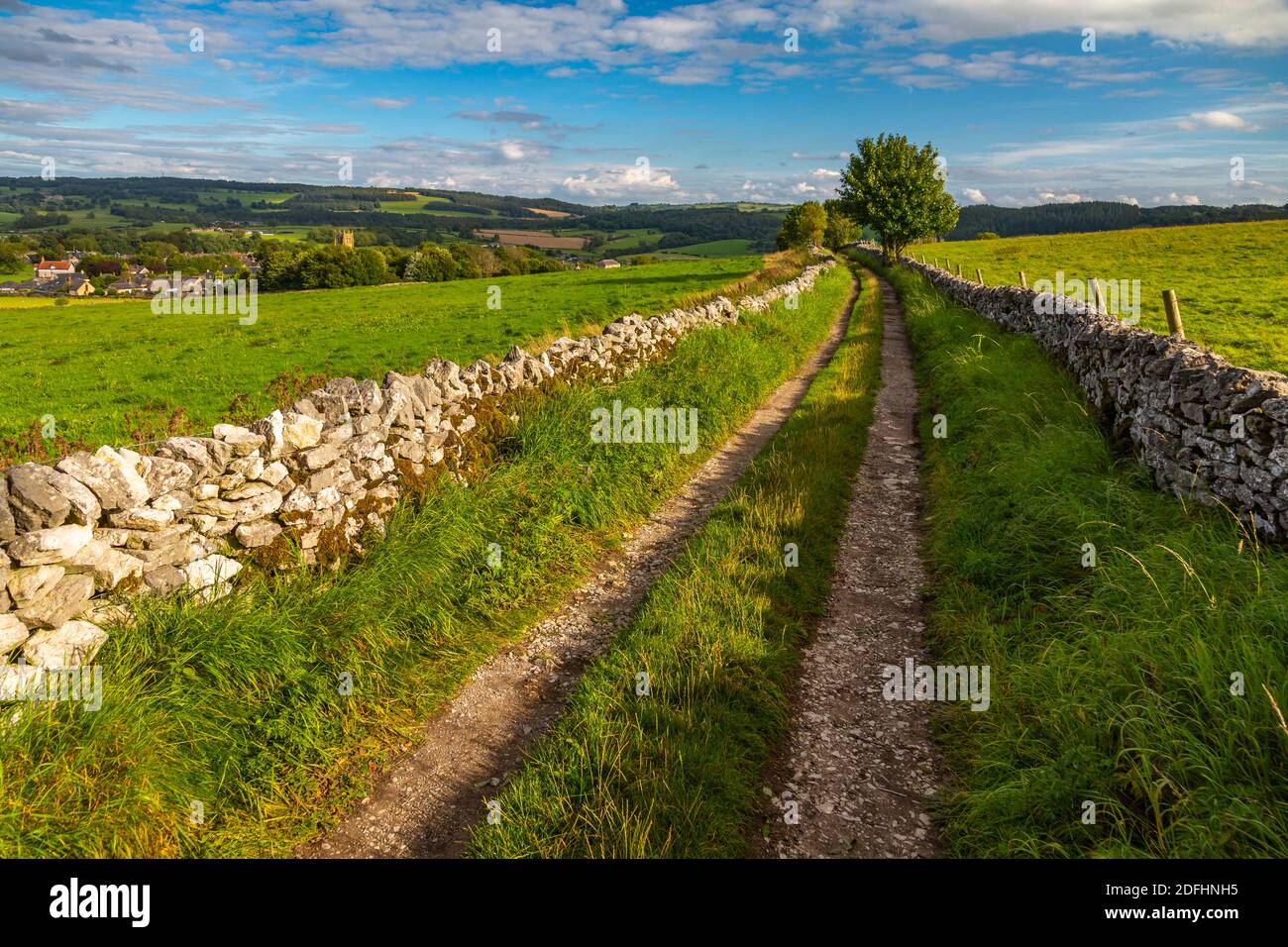 View of track and Youlgrave village, Peak District National Park