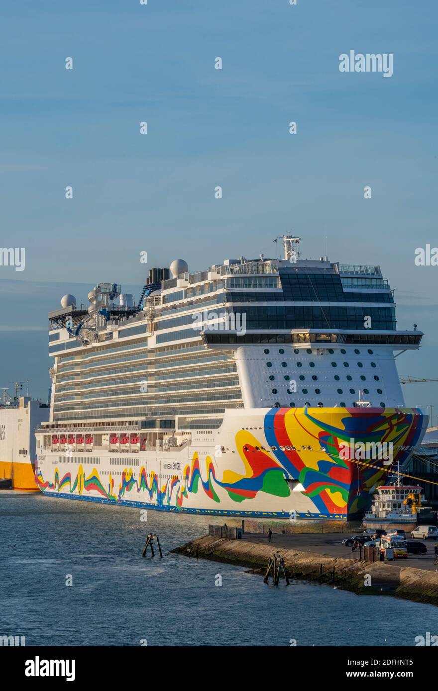 the carnival norwegian cruise liner ship norwegian encore at a berth in the port of southampton docks. Stock Photo