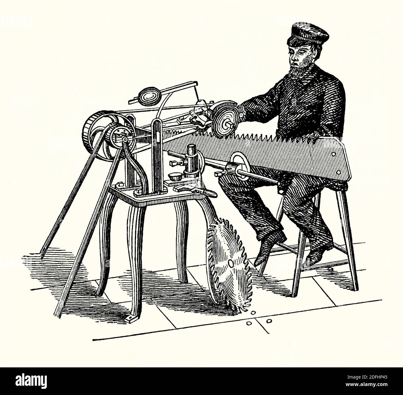 An old engraving of saw-filing machine. It is from a Victorian mechanical engineering book of the 1880s. This filing machine is belt driven. A rotating grinding wheel can be adjusted by the worker to meet the saw at the correct angle. A file is used to remove fine amounts of material from a tool to keep it sharp. A saw filer or saw doctor is a tradesperson who maintains and repairs saws. It requires a high degree of skill. Levelling, tensioning and benching are three of the techniques employed. Stock Photo