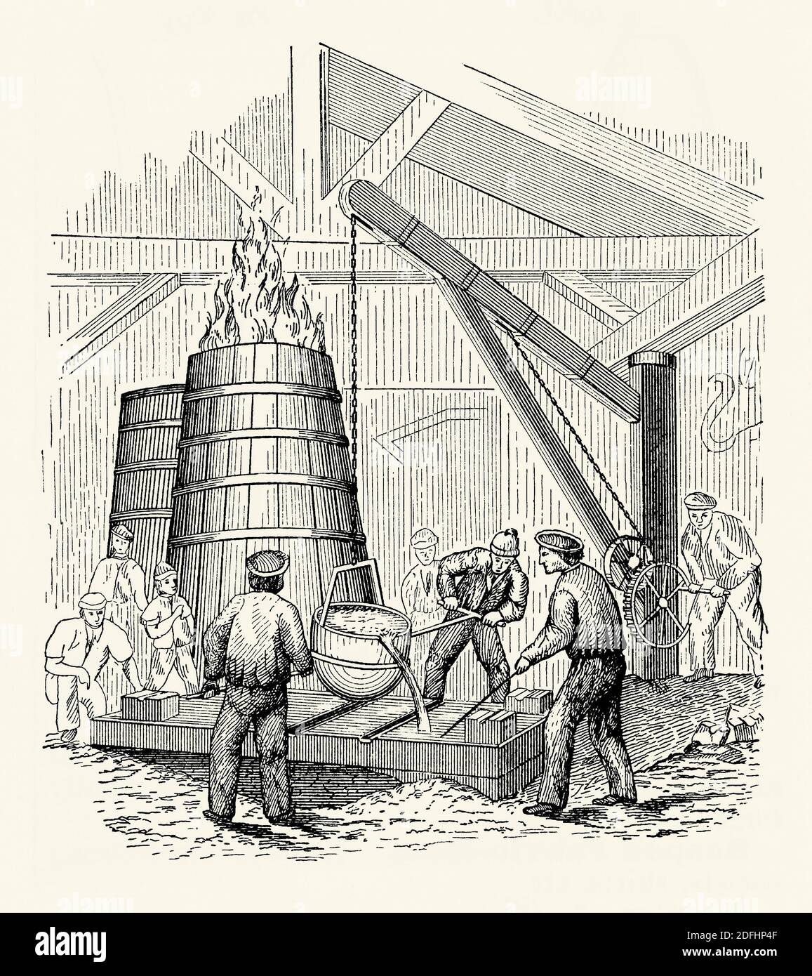 An old engraving of workers using a ‘shank’ in a metal foundry. It is from a Victorian mechanical engineering book of the 1880s. A shank (bull ladle) is a device for carrying molten iron or other metals. It is carried from the furnace by two workers holding handles at each end of a cross-bar (crutch). This could be tipped to pour the molten metal. This large version also requires the assistance of a crane. Stock Photo