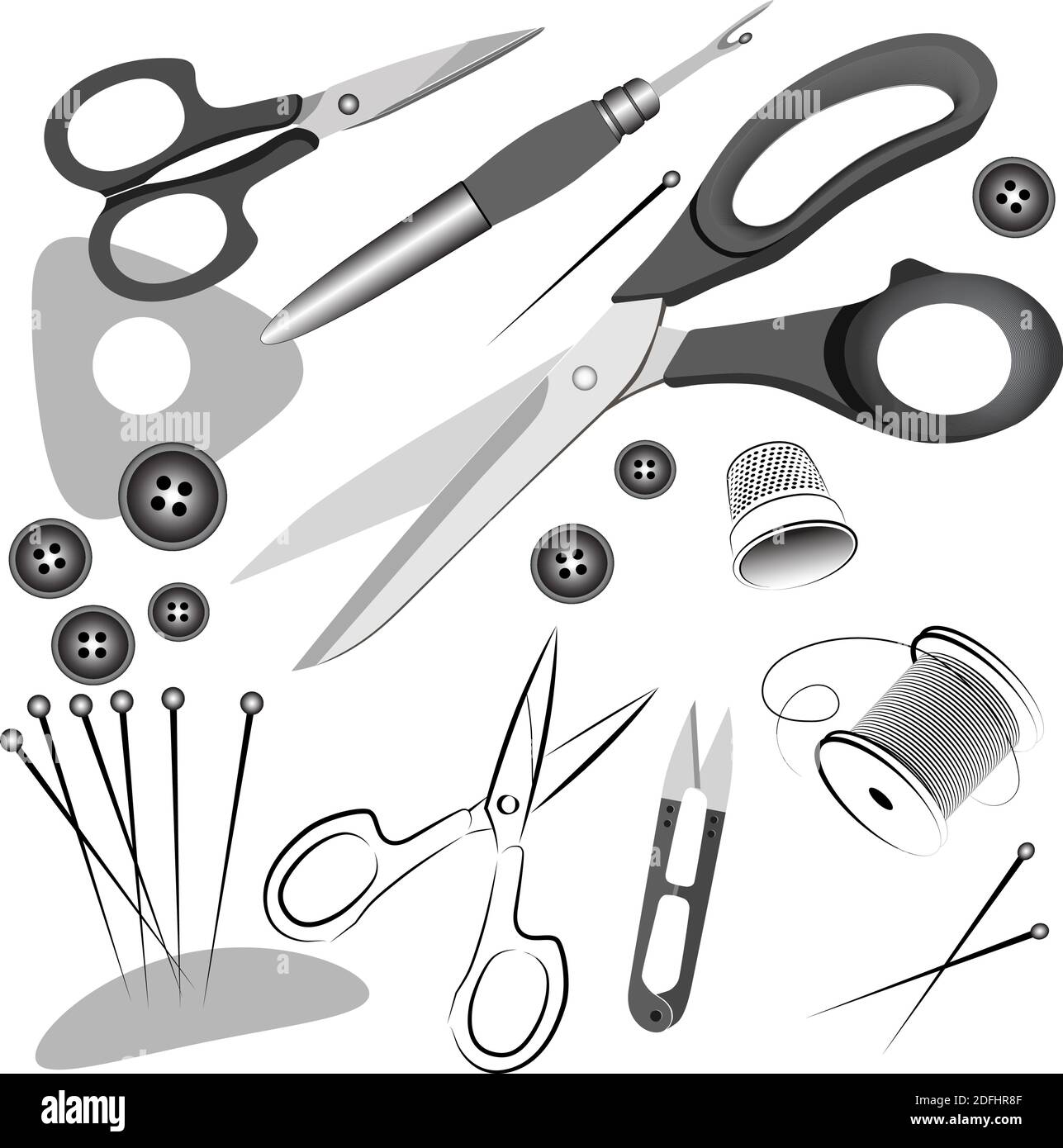 Sewing and needlework kit in black and gray color vector illustration