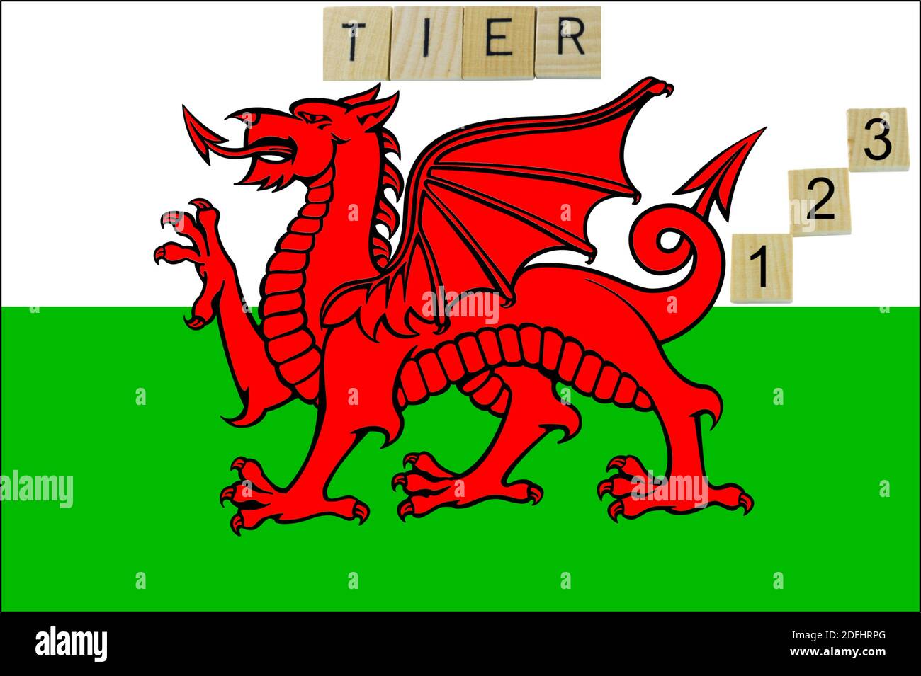 Welsh flag with covid tiers 1 2 3 Stock Photo