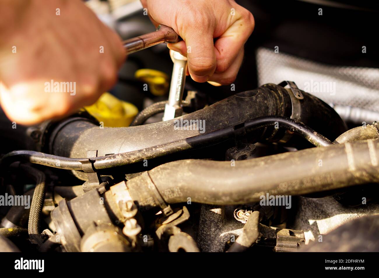 fixing the car engine Stock Photo Alamy
