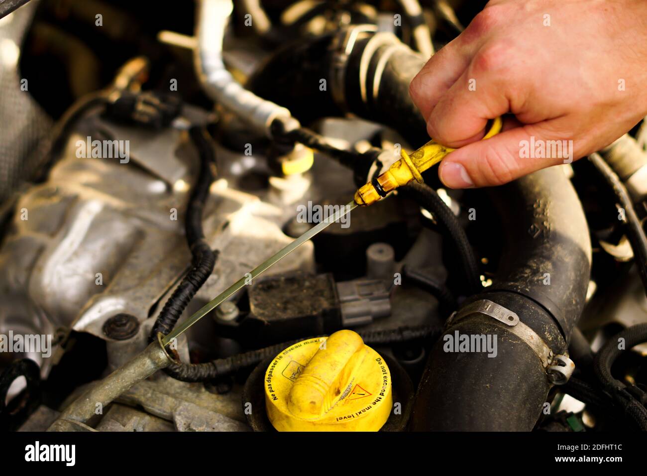 Check the oil level from the dipstick Stock Photo Alamy