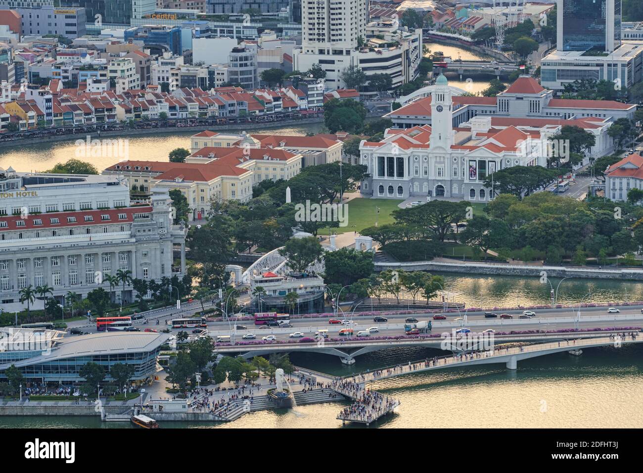 The clocktower of Victoria Memorial Hall & Victoria Theatre, Empress Place, the Singapore River, Boat Quay, Merlion, and other landmarks in Singapore Stock Photo