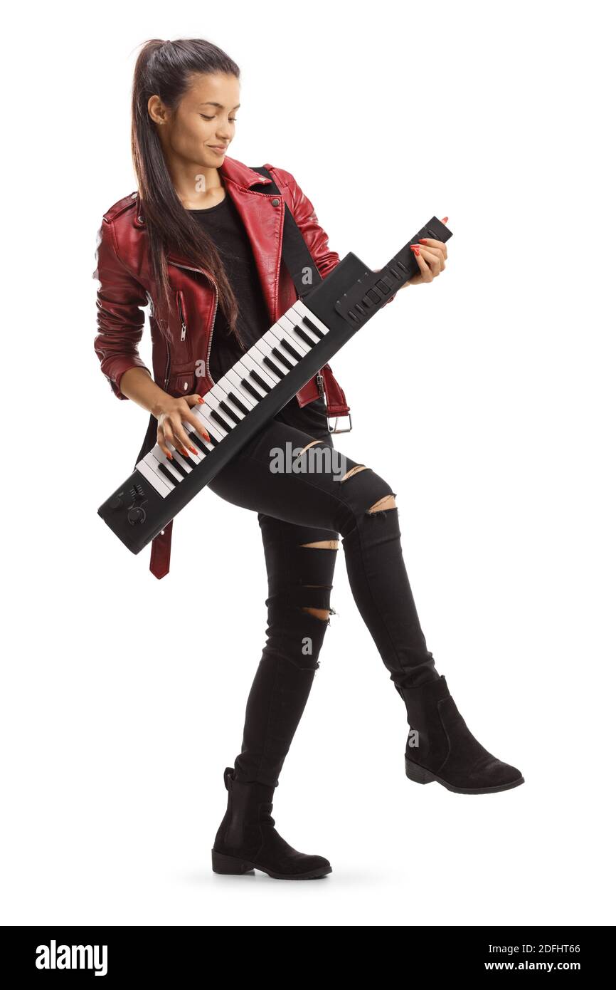Cool female playing a keytar synthesizer isolated on white background Stock Photo