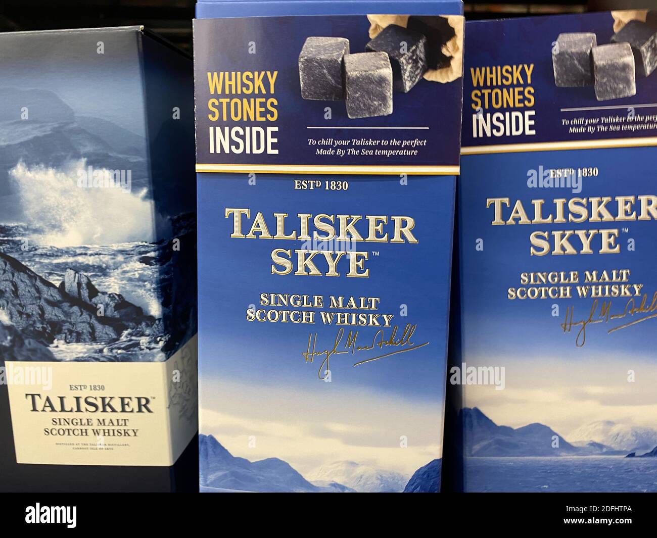 Viersen, Germany - May 9. 2020: Close up of boxes Talisker Skye whiskey in shelf of german supermarket Stock Photo