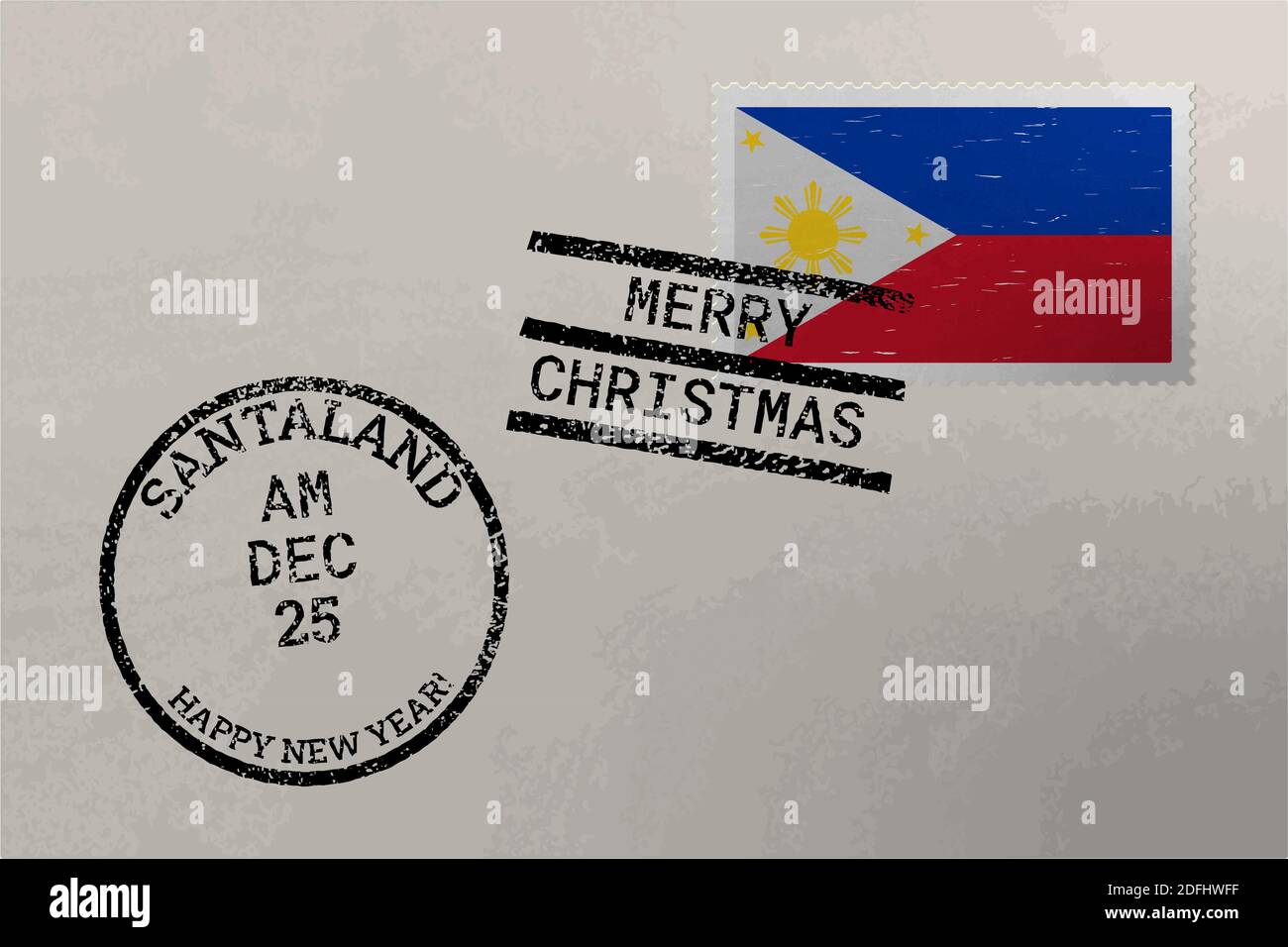 Postage stamp envelope with Philippines flag, Christmas and New Year stamps, vector Stock Vector