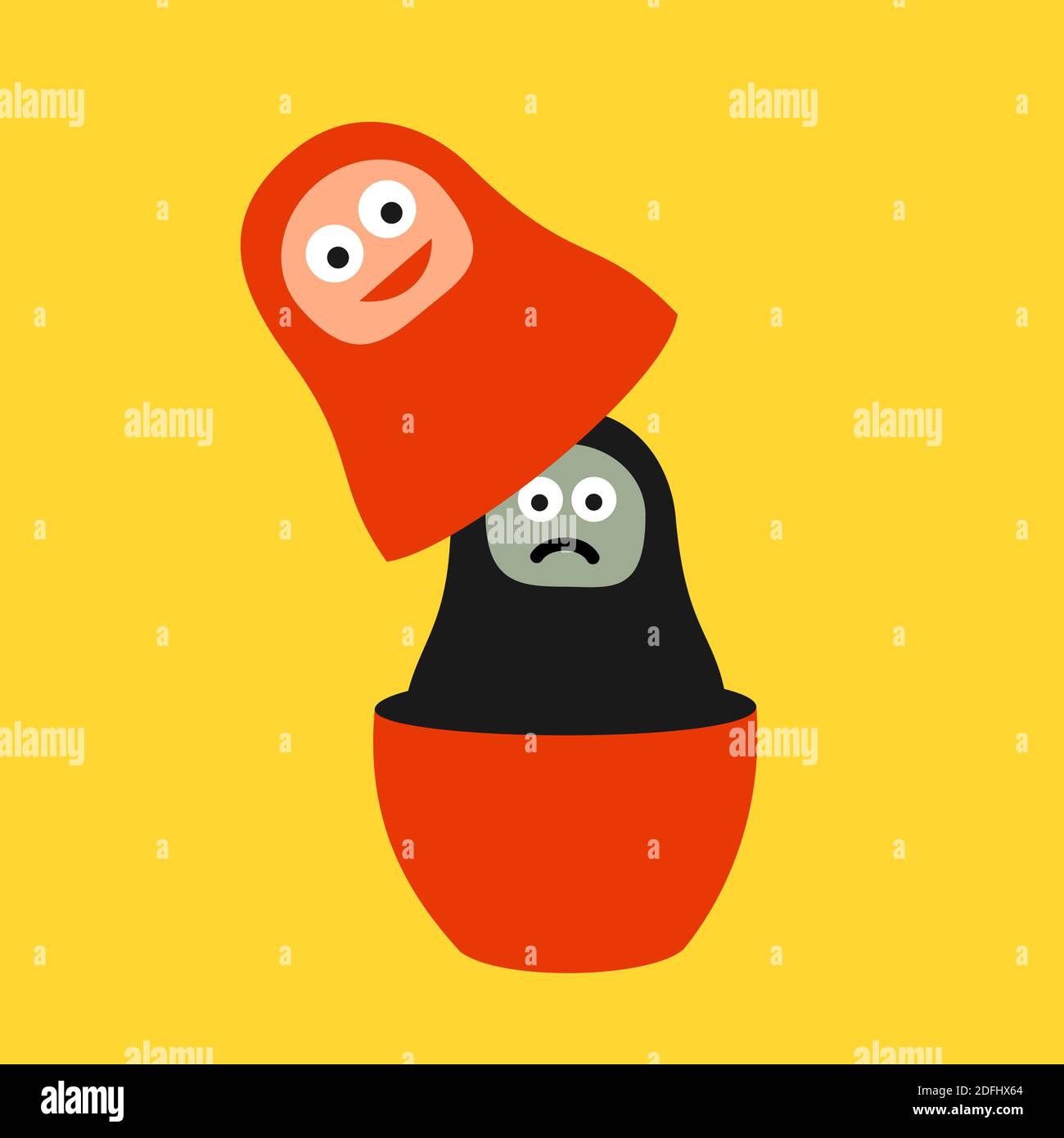 Matryoshka - doll of person with inner and outer personality. Happy and beautifule pretence vs ugly, miserable and sad inner. Deep and real soul and m Stock Photo