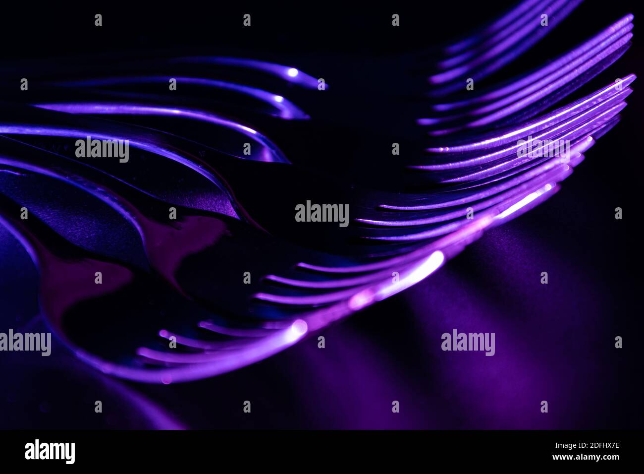 Set of forks in the dark with blue and violet coloured gradient led light.  Stock Photo