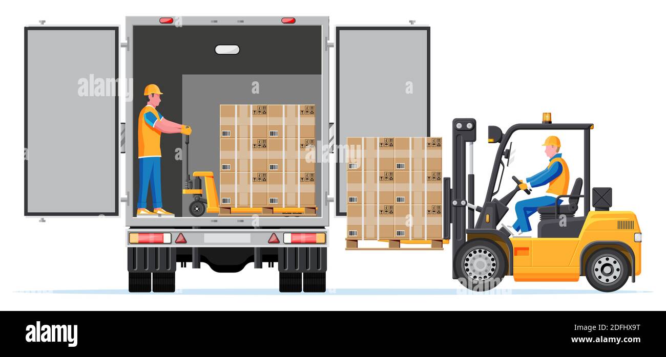 Forklift loading pallet boxes into truck in rear view. Electric uploader loading cardboard boxes in delivery vehicle. Logistic and shipping cargo. Warehouse storage equipment. Flat vector illustration Stock Vector