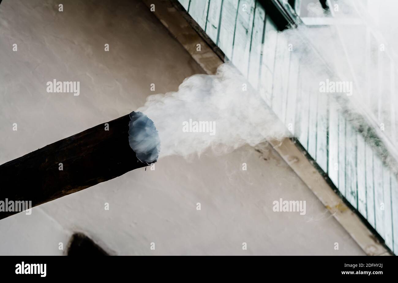 Smoking steam. Smoke puff from chimney, steaming geysir vapour and explosion cloud Stock Photo