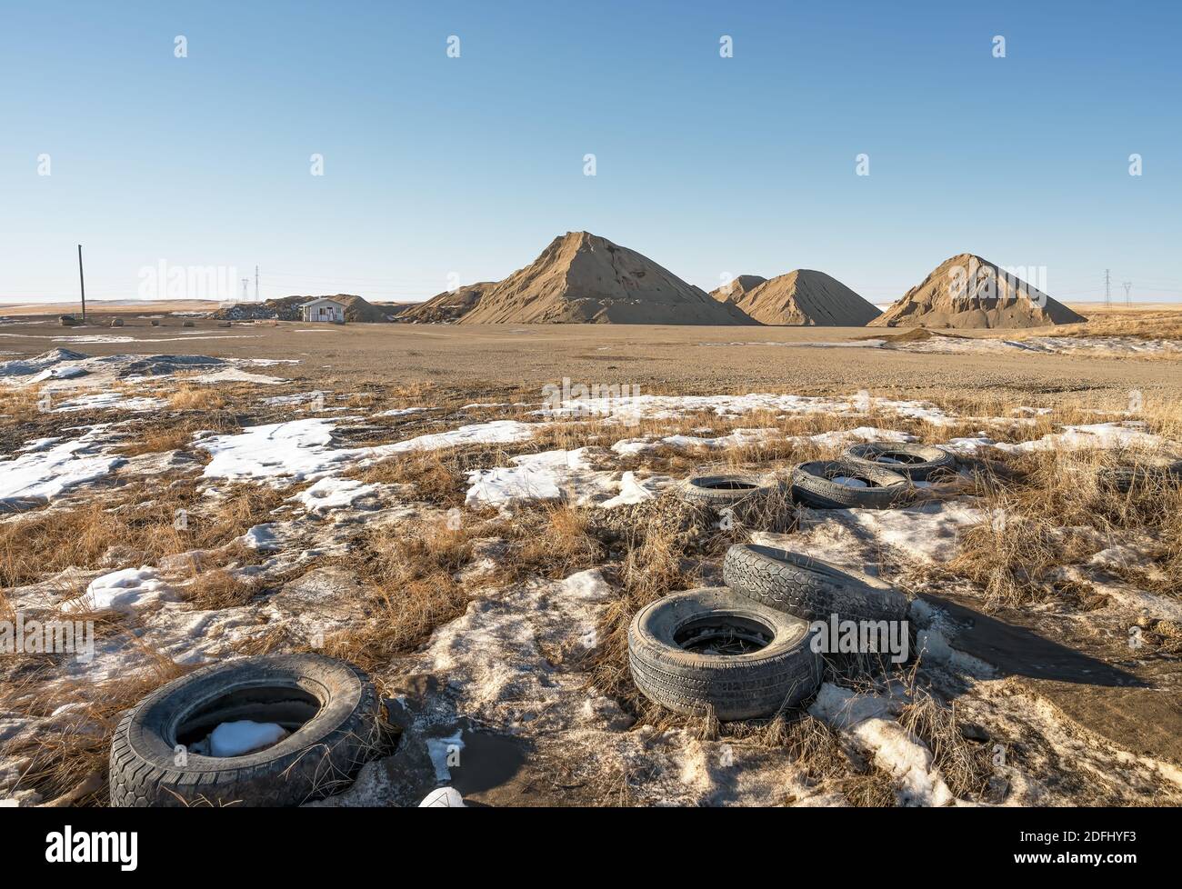 Gravel pit and old tires near the town of Beiseker, Alberta, Canada Stock Photo Alamy