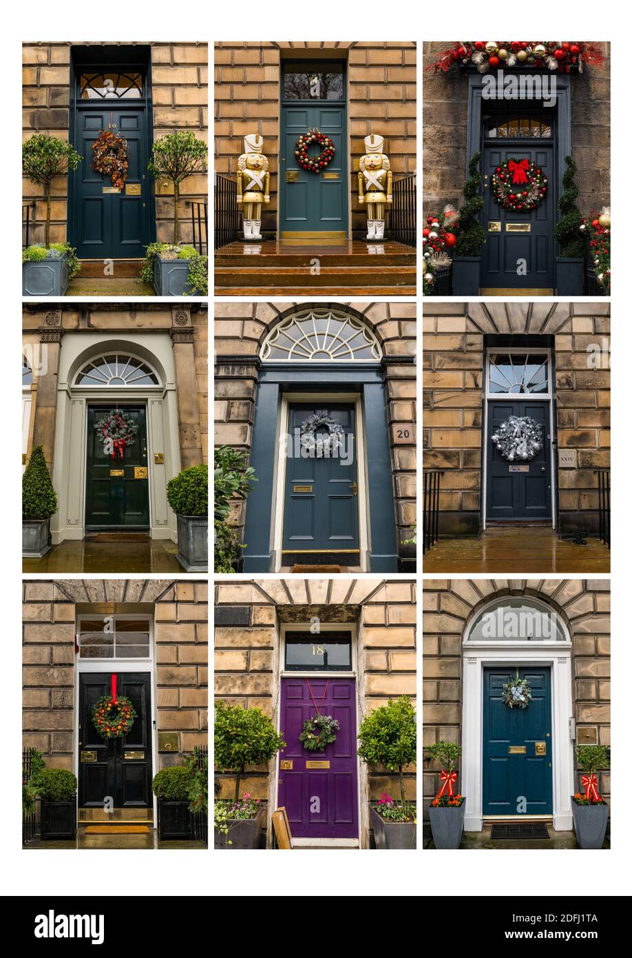 Edinburgh, Scotland, United Kingdom, 5th December 2020. A composite image of decorative seasonal festive Christmas wreaths on front doors of Georgian townhouses in Edinburgh's New Town Stock Photo