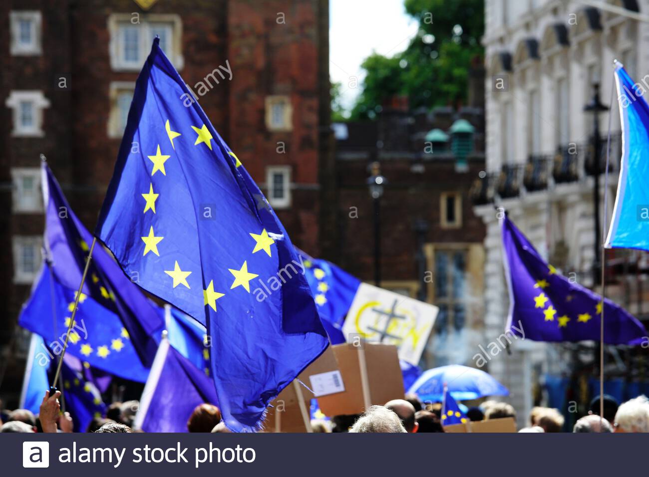Blue EU flags in London during the anti-Brexit demonstrations Stock Photo