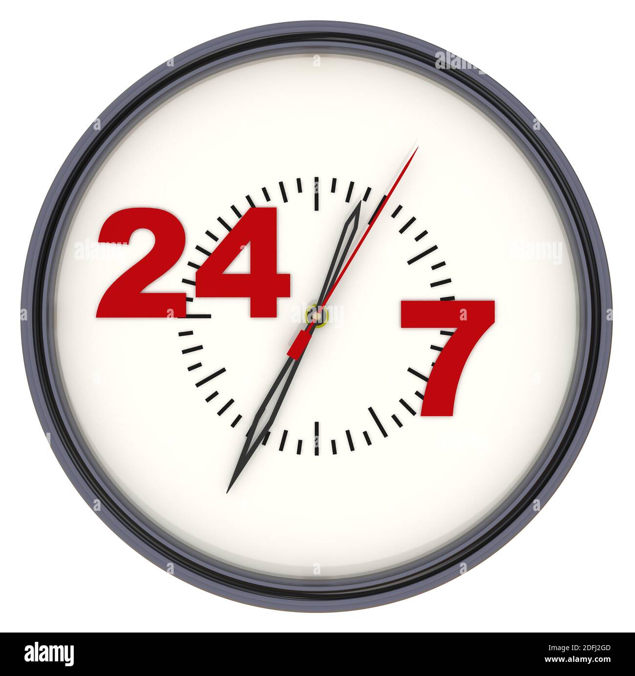 The clock informing about roundtheclock and daily work. Analog clock with red inscription 24/7