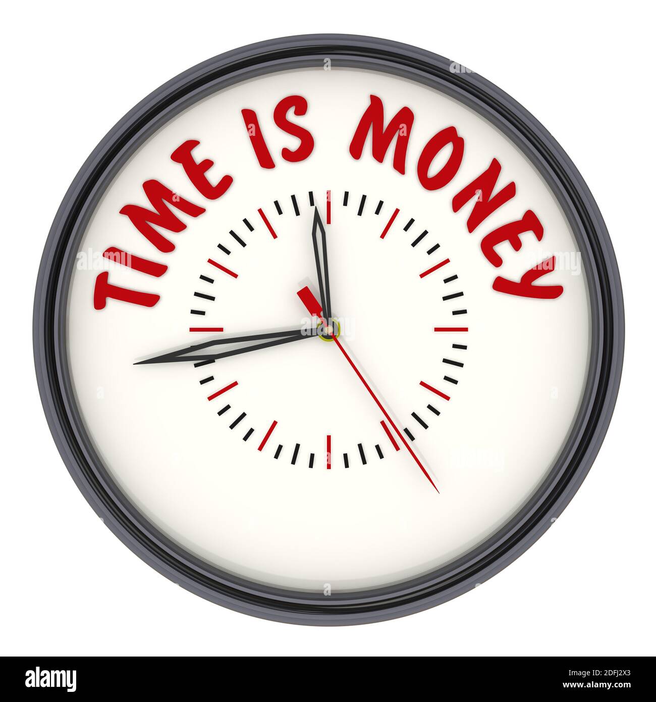Time is money. Clock with text. Analog Clock with red text TIME IS