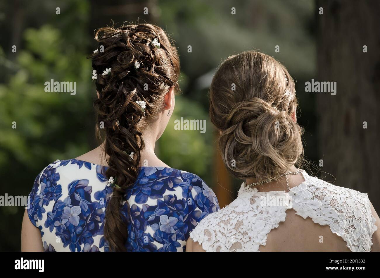Two wedding hairstyles close up back view on the head of two girls Stock Photo