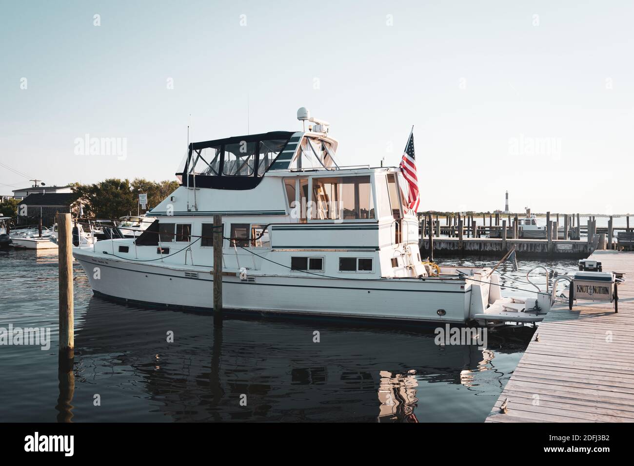 Boat in the marina in Kismet, Fire Island, Long Island, New York Stock