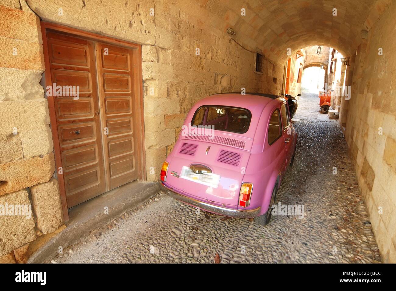Fiat mini car in Rhodes - old city Stock Photo
