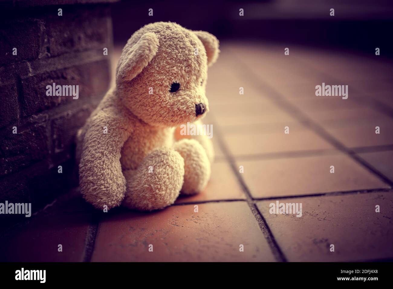 Lonely Teddy Bear Sitting On The Ground, Childhood Trauma Stock Photo