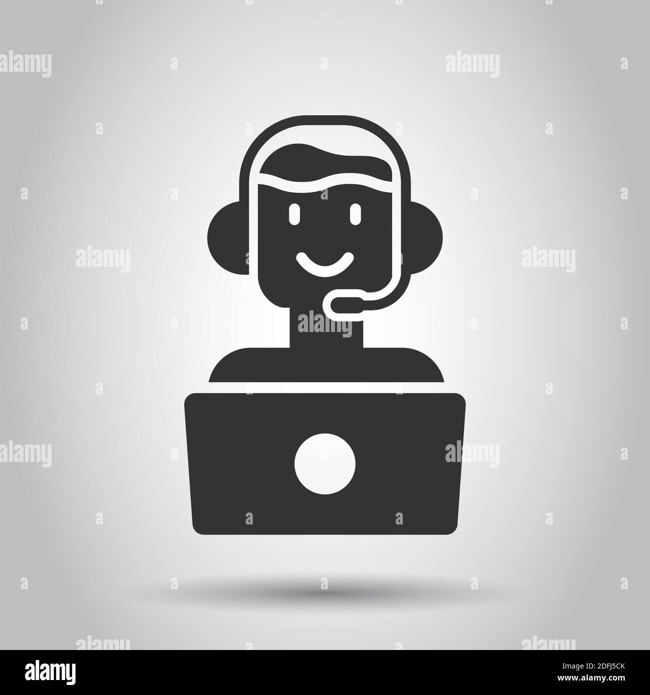 Helpdesk icon in flat style. Headphone vector illustration on white isolated background. Chat operator with laptop business concept. Stock Vector