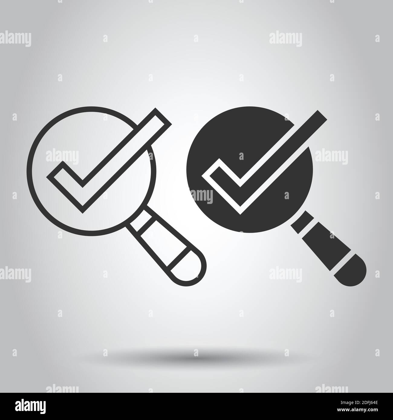 Check mark with magnifying glass icon in flat style. Loupe accept ...