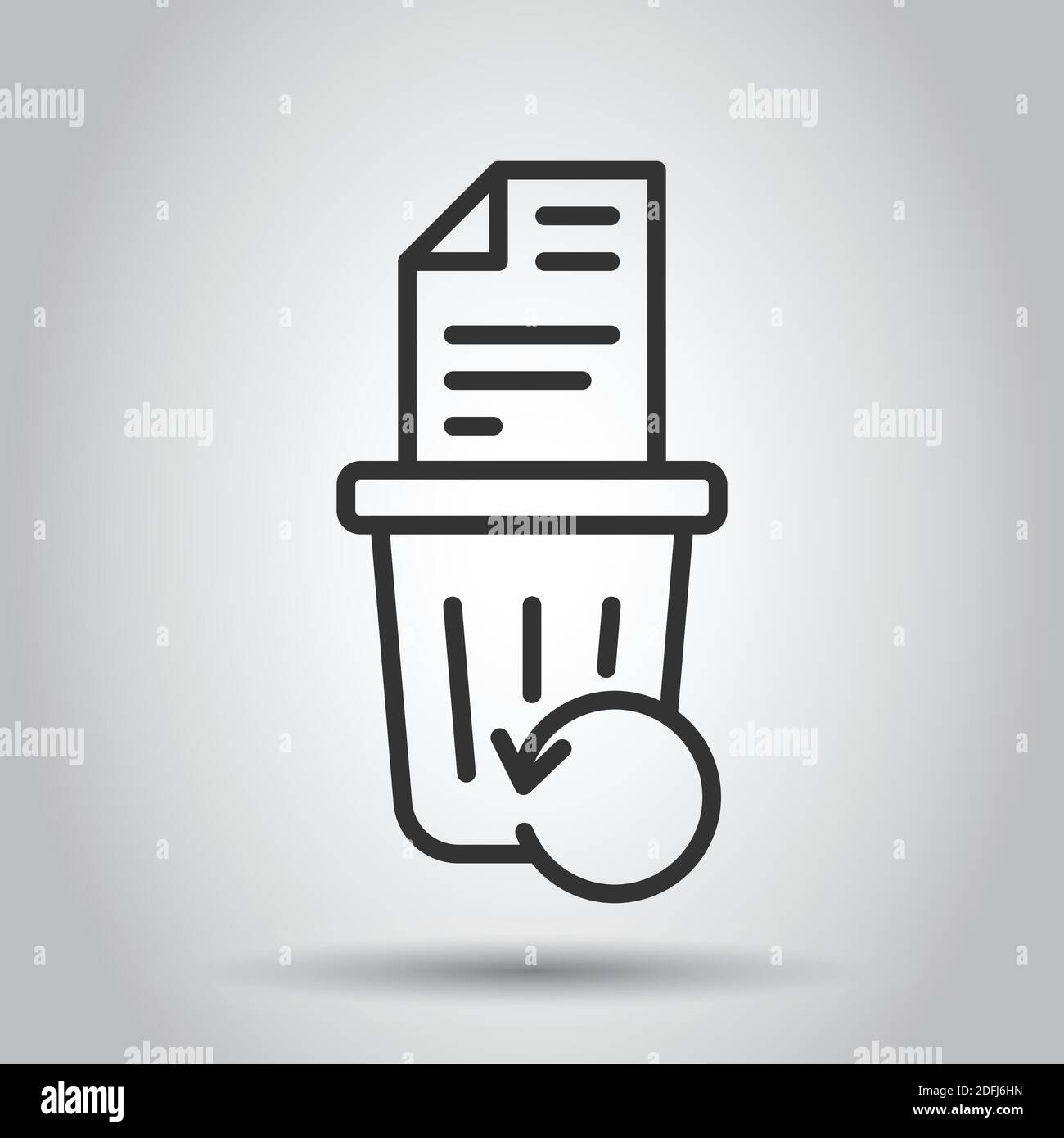 Trash bin with document icon in flat style. Paper recycle vector illustration on white isolated background. Office garbage business concept. Stock Vector