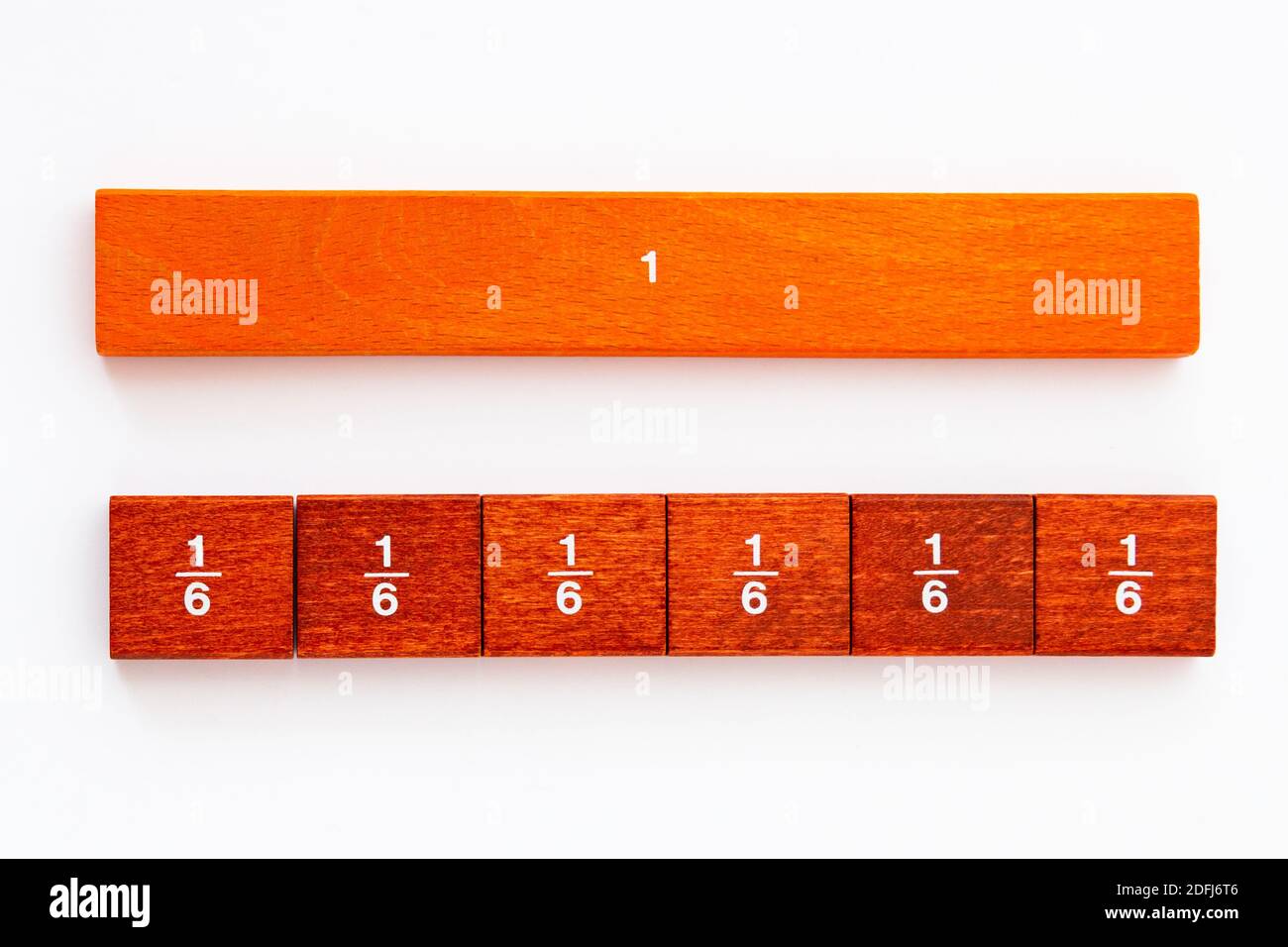 one sixth - wooden maths manipulatives demonstrating one whole divided into six sixths Stock Photo