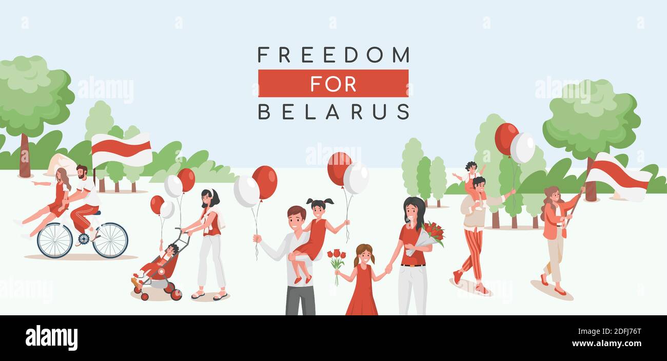 Happy smiling people walking in peaceful demonstration in city park with children vector flat illustration. People of Belarus walking with red and white balloons, flowers and national flags. Stock Vector