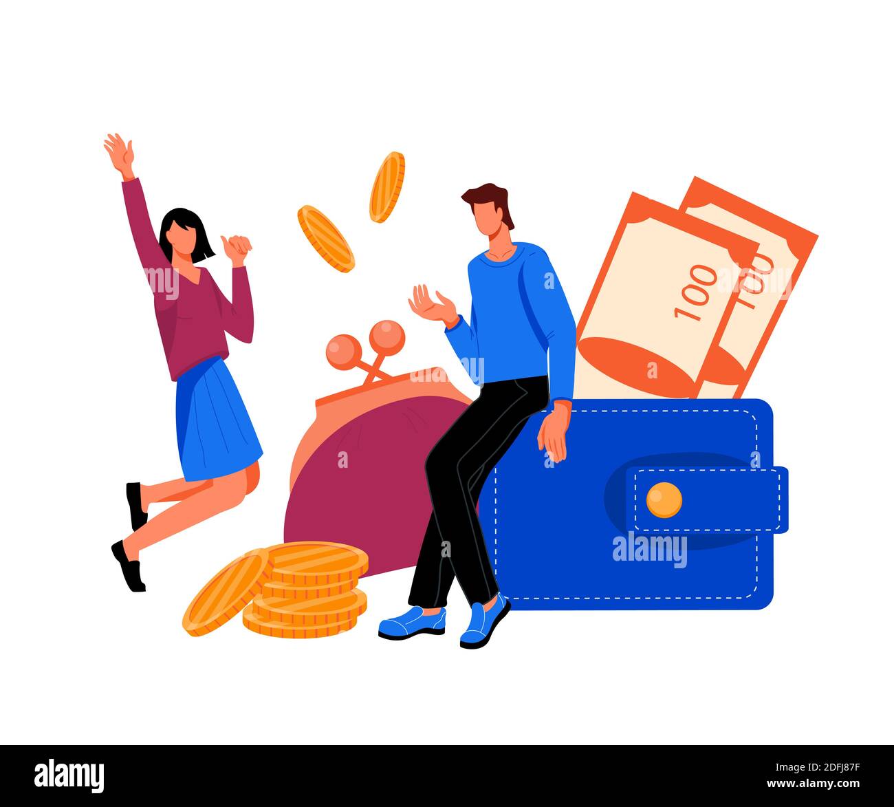 Tiny people surrounded with various money coins and currency banknotes ...