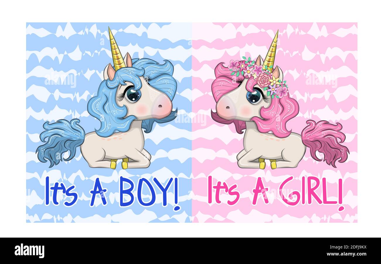 Baby Shower Greeting Card with cute Cartoon Unicorn girl and boy Stock ...