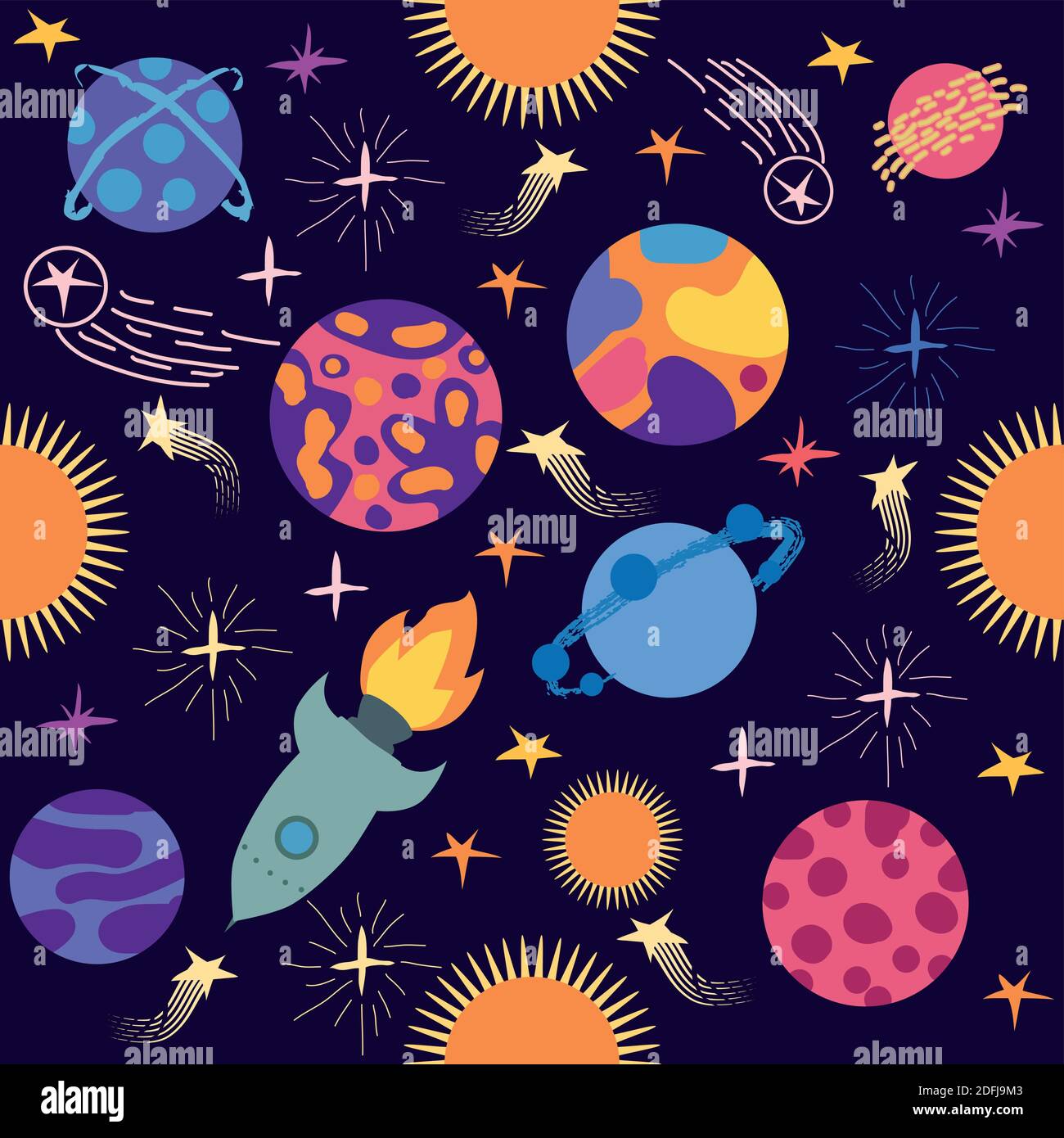 Seamless space pattern. Planets, rockets and stars. Cartoon spaceship ...